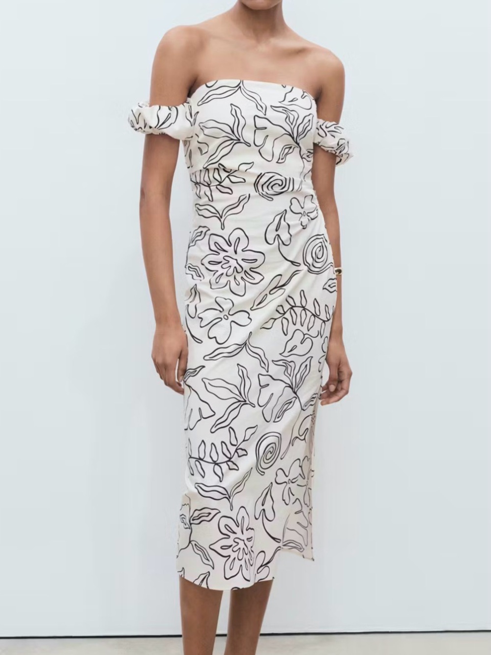 Mango White One-Shoulder Floral Midi Dress with Black Line Print
